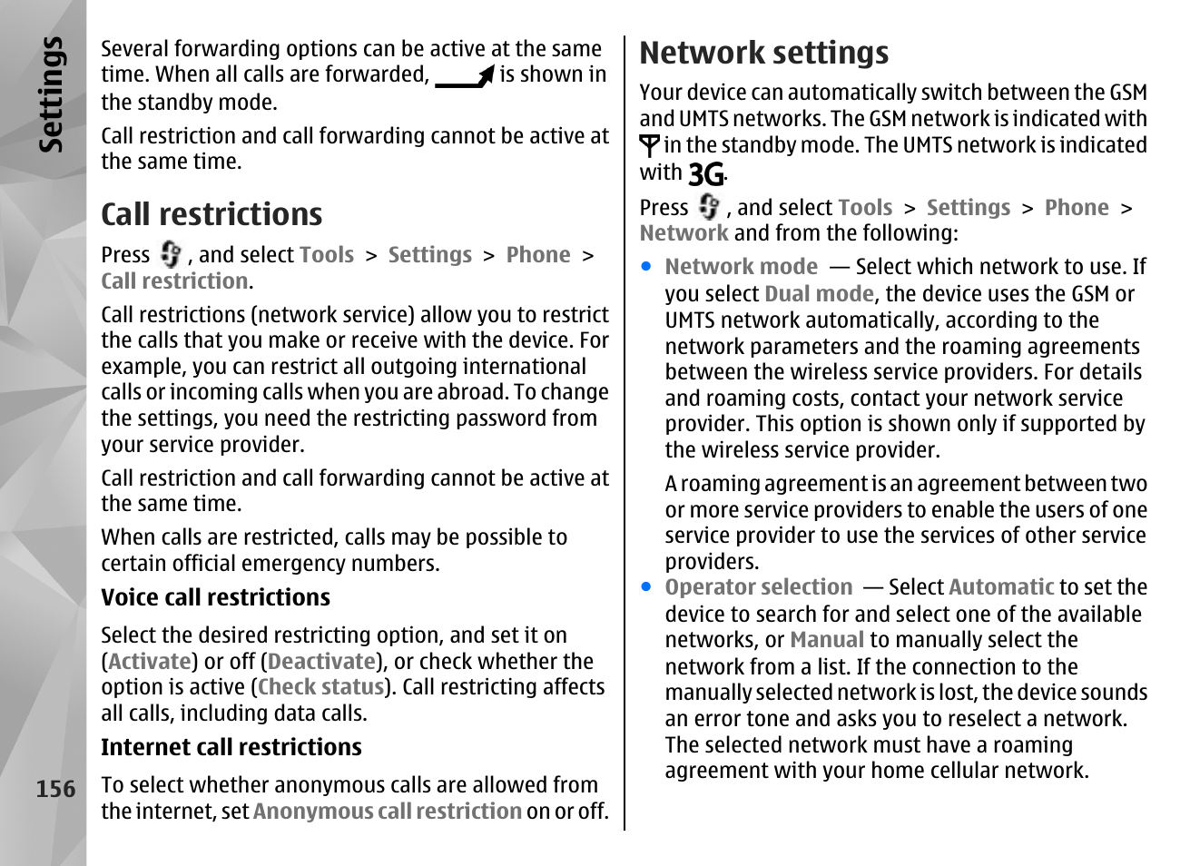 Call restrictions, Network settings, Se ttings | Nokia N85 User Manual | Page 156 / 385