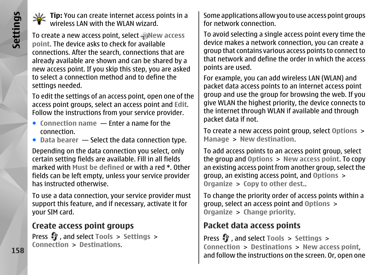 Create access point groups, Packet data access points, Se ttings | Nokia N85 User Manual | Page 158 / 385