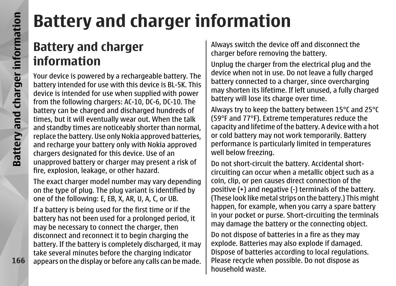 Battery and charger information | Nokia N85 User Manual | Page 166 / 385