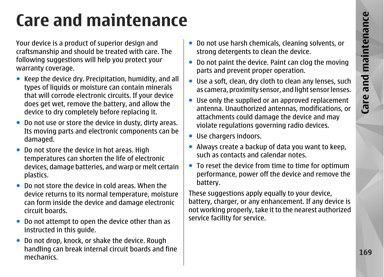 Care and maintenance, Ca re a nd ma intena nce | Nokia N85 User Manual | Page 169 / 385