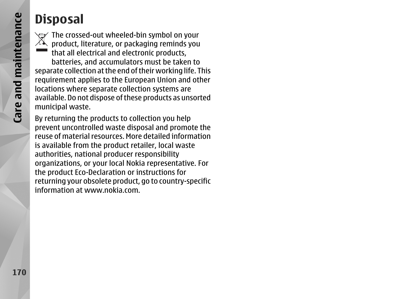 Disposal, Ca re a nd ma intena nce | Nokia N85 User Manual | Page 170 / 385