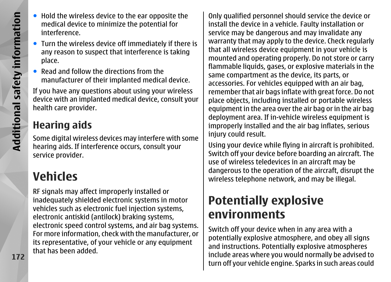 Hearing aids, Vehicles, Potentially explosive environments | Additional safety information | Nokia N85 User Manual | Page 172 / 385