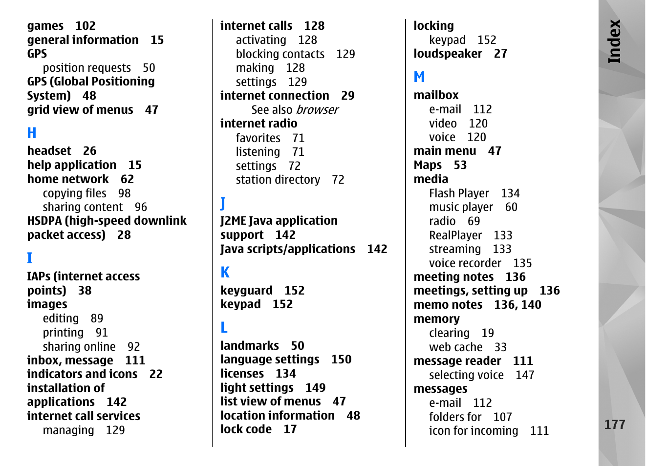 Index | Nokia N85 User Manual | Page 177 / 385