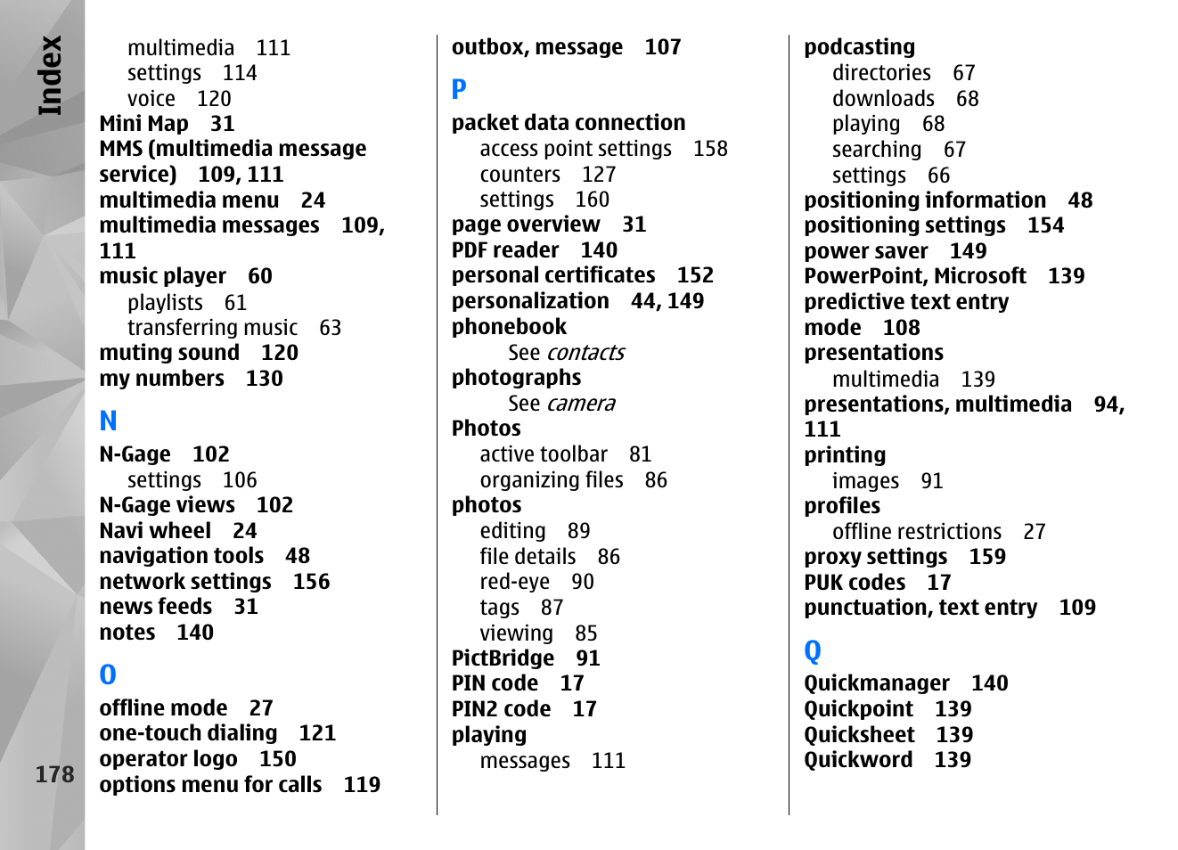 Index | Nokia N85 User Manual | Page 178 / 385