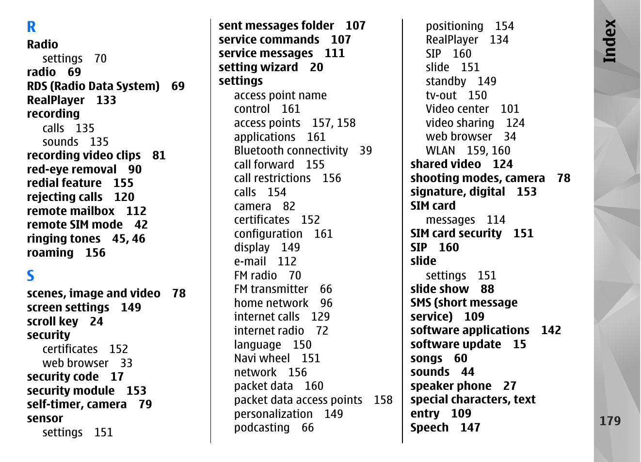 Index | Nokia N85 User Manual | Page 179 / 385