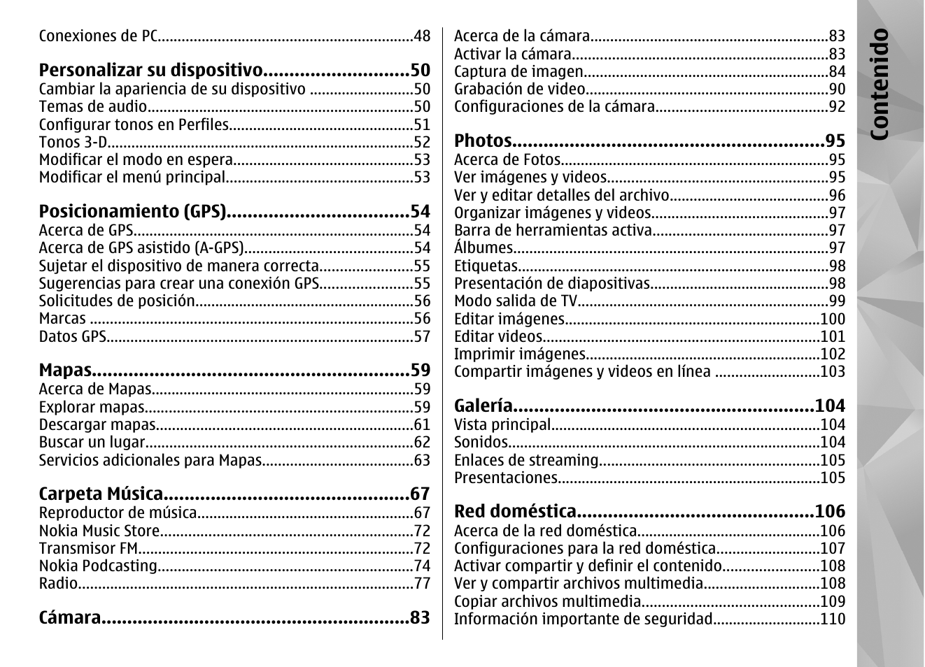 Co nte nido | Nokia N85 User Manual | Page 185 / 385