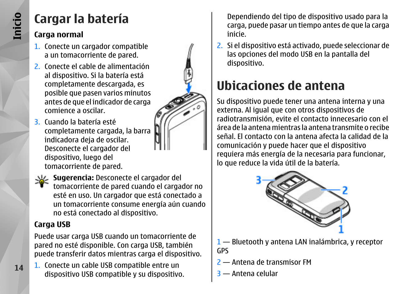 Cargar la batería, Ubicaciones de antena, Inicio | Nokia N85 User Manual | Page 194 / 385