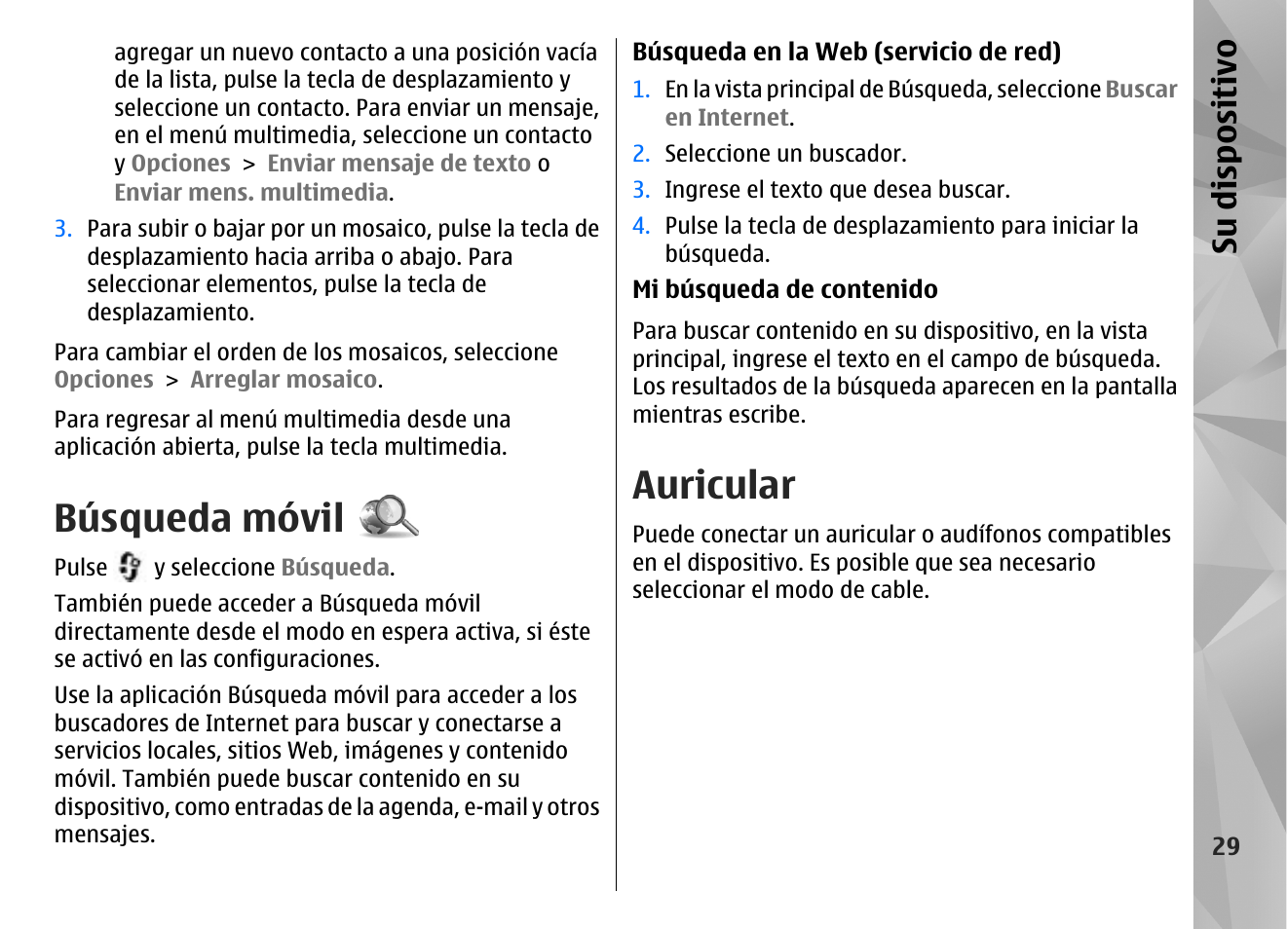 Búsqueda móvil, Auricular, Su dis pos itivo | Nokia N85 User Manual | Page 209 / 385