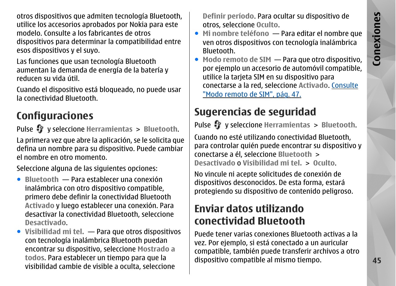 Configuraciones, Sugerencias de seguridad, Enviar datos utilizando conectividad bluetooth | Conexiones | Nokia N85 User Manual | Page 225 / 385