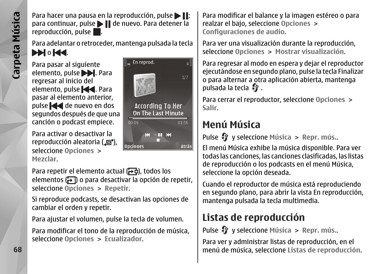 Menú música, Listas de reproducción, Carp eta música | Nokia N85 User Manual | Page 248 / 385
