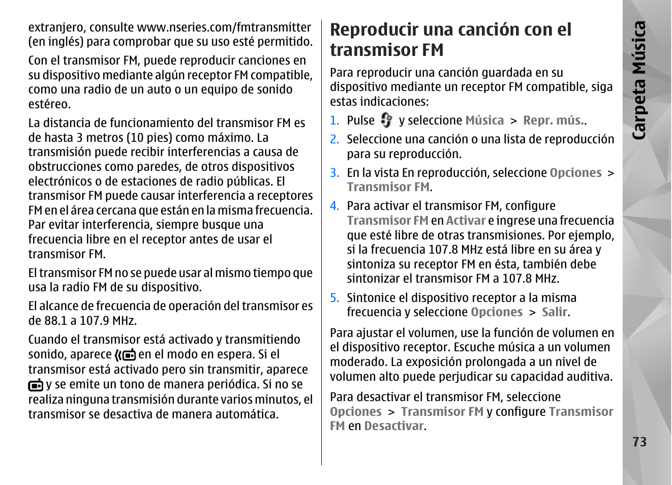 Reproducir una canción con el transmisor fm, Transmisor fm", pбg. 75, Carp eta música | Nokia N85 User Manual | Page 253 / 385