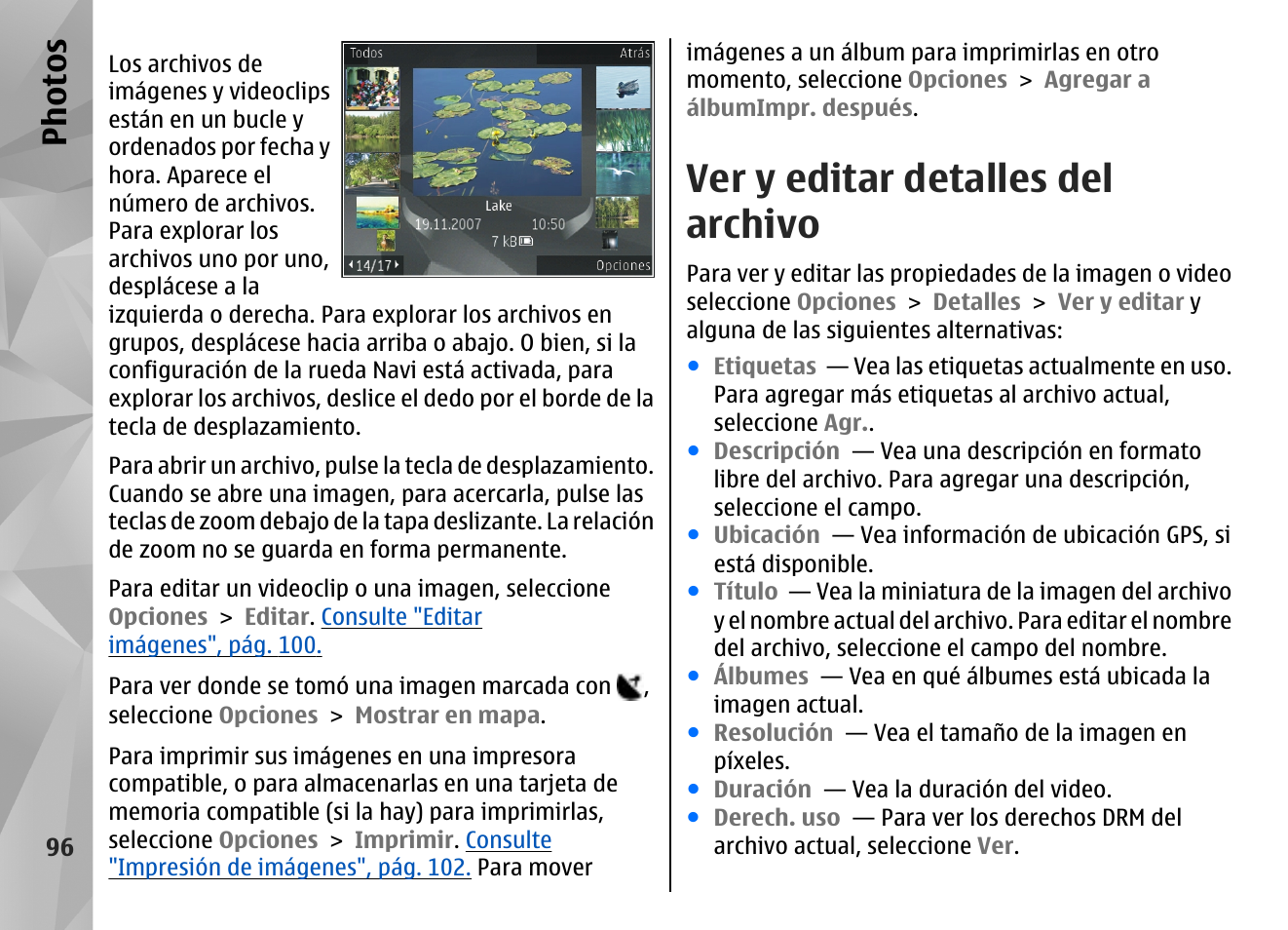 Ver y editar detalles del archivo, Ph ot os | Nokia N85 User Manual | Page 276 / 385