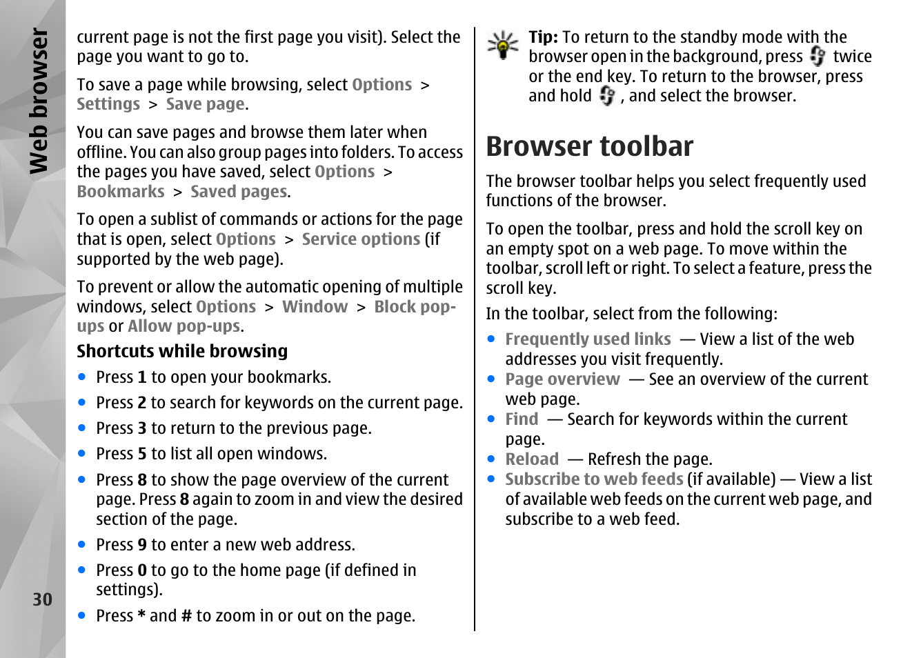 Browser toolbar, Web browser | Nokia N85 User Manual | Page 30 / 385