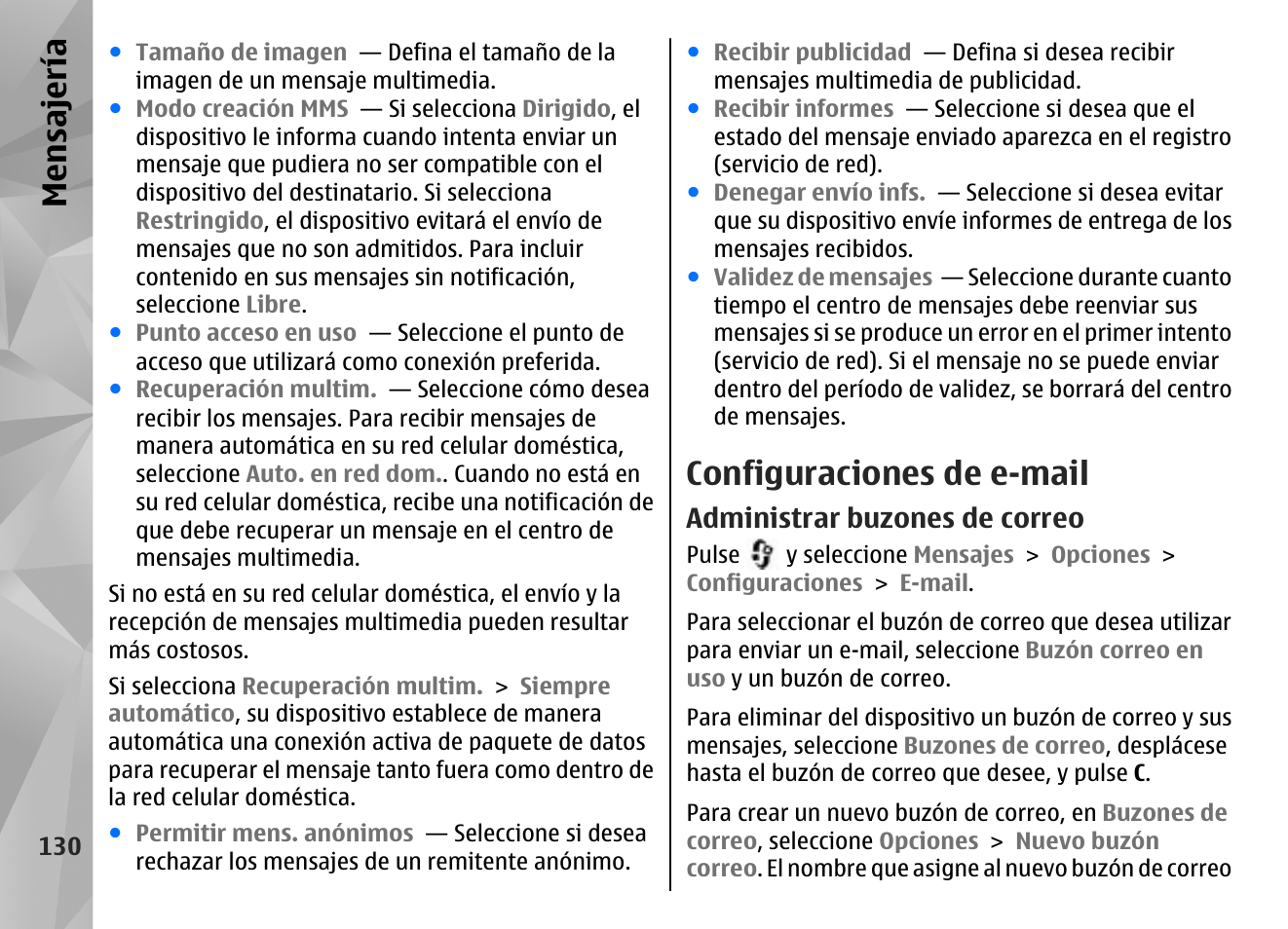 Configuraciones de e-mail, Administrar buzones de correo, Mensajería | Nokia N85 User Manual | Page 310 / 385