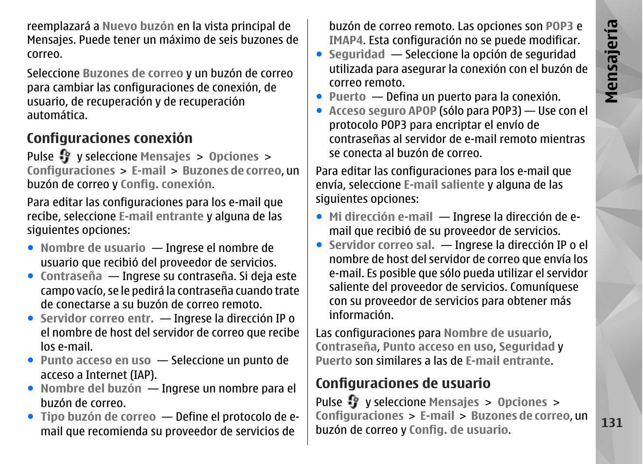 Configuraciones conexión, Configuraciones de usuario, Mensajería | Nokia N85 User Manual | Page 311 / 385