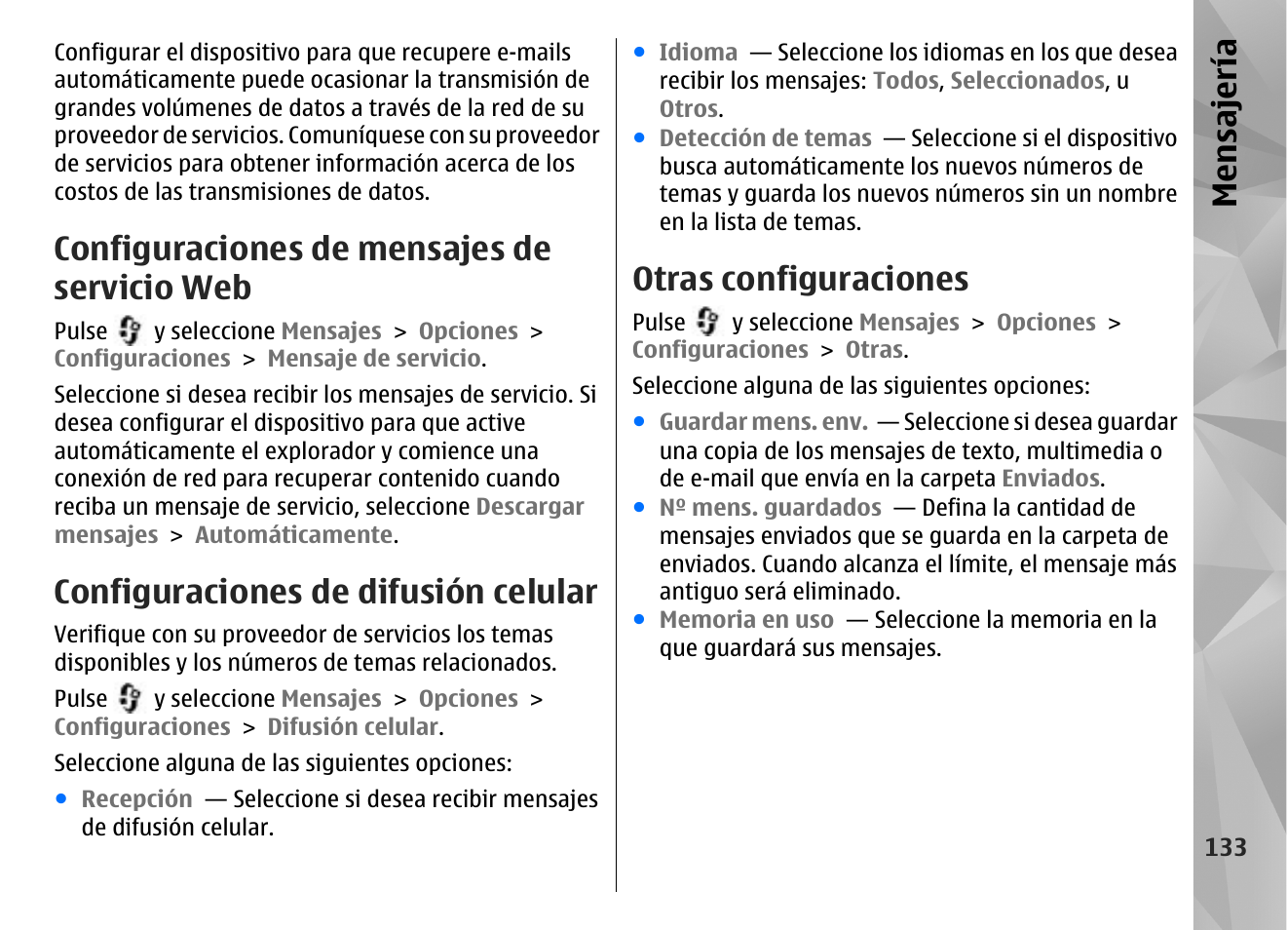 Configuraciones de mensajes de servicio web, Configuraciones de difusión celular, Otras configuraciones | Mensajería | Nokia N85 User Manual | Page 313 / 385
