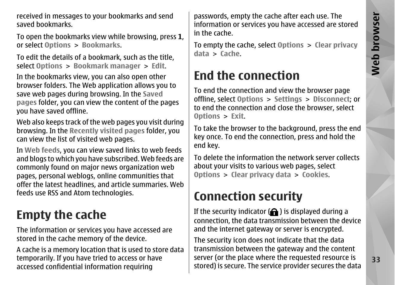 Empty the cache, End the connection, Connection security | Web browser | Nokia N85 User Manual | Page 33 / 385