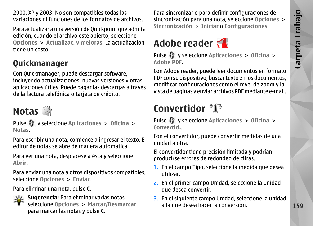 Quickmanager, Notas, Adobe reader | Convertidor, Carpeta trabajo | Nokia N85 User Manual | Page 339 / 385