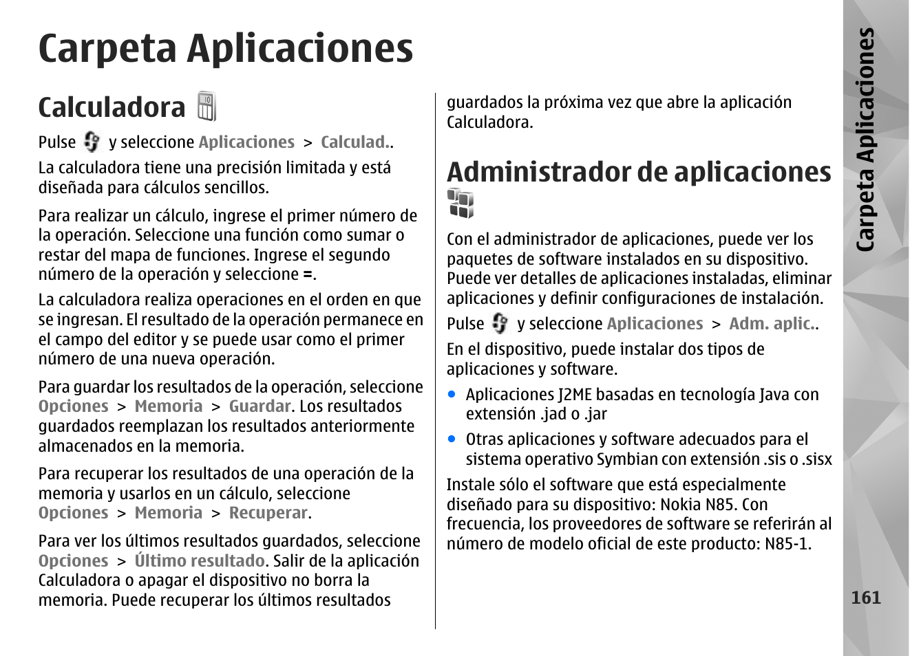 Carpeta aplicaciones, Calculadora, Administrador de aplicaciones | Ca rp eta aplica cion es | Nokia N85 User Manual | Page 341 / 385