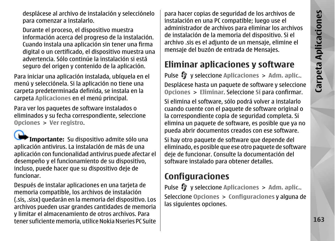 Eliminar aplicaciones y software, Configuraciones, Ca rp eta aplica cion es | Nokia N85 User Manual | Page 343 / 385