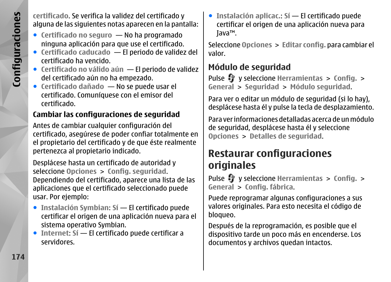 Módulo de seguridad, Restaurar configuraciones originales, Configuraciones | Nokia N85 User Manual | Page 354 / 385