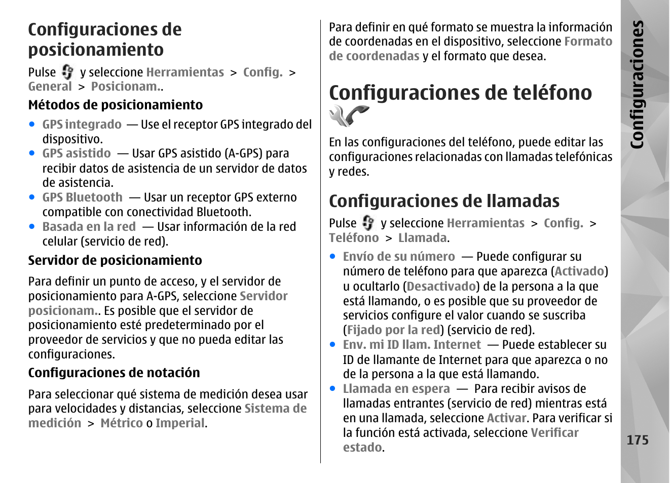 Configuraciones de posicionamiento, Configuraciones de teléfono, Configuraciones de llamadas | Configuraciones | Nokia N85 User Manual | Page 355 / 385