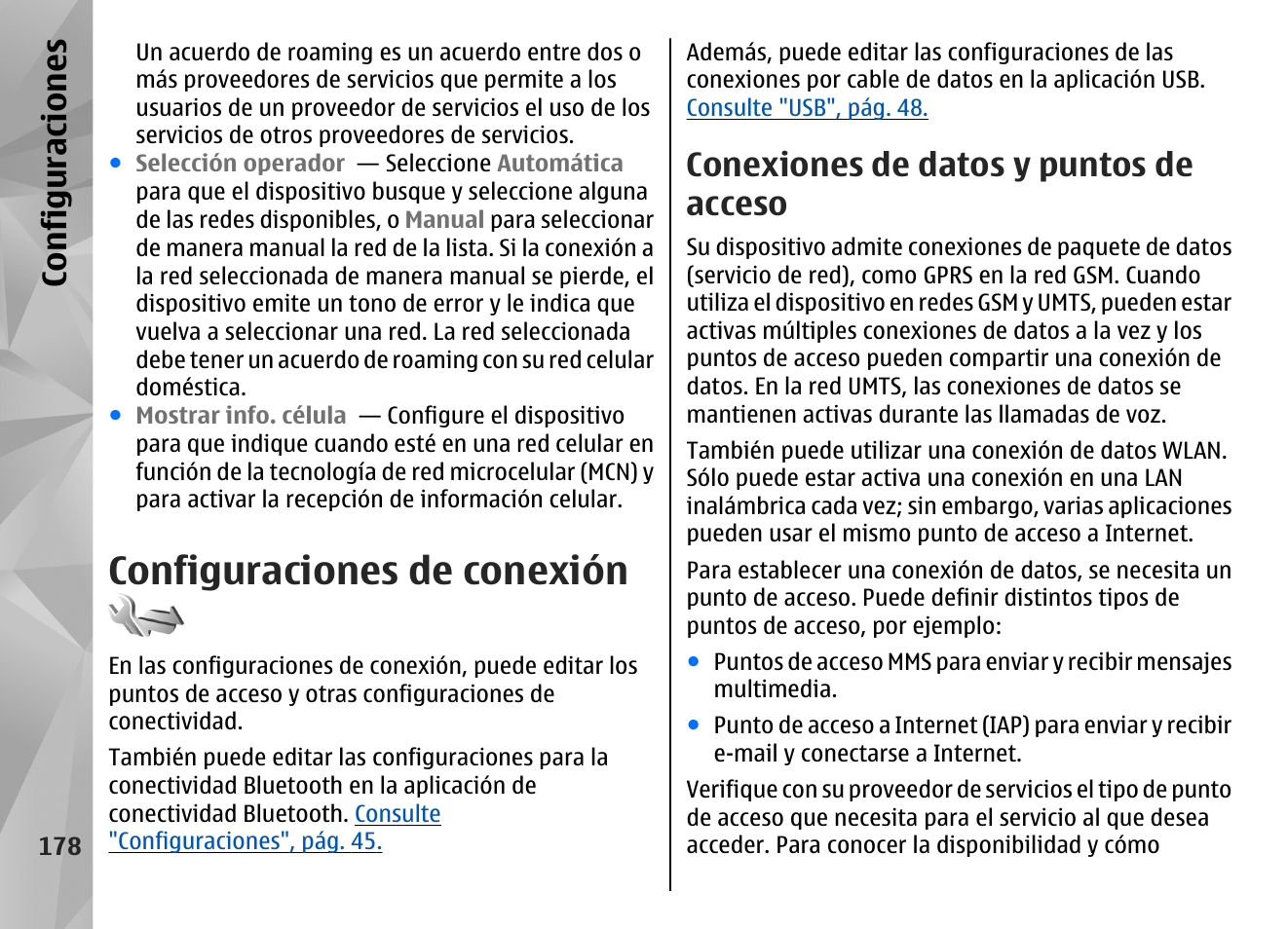 Configuraciones de conexión, Conexiones de datos y puntos de acceso, Configuraciones | Nokia N85 User Manual | Page 358 / 385