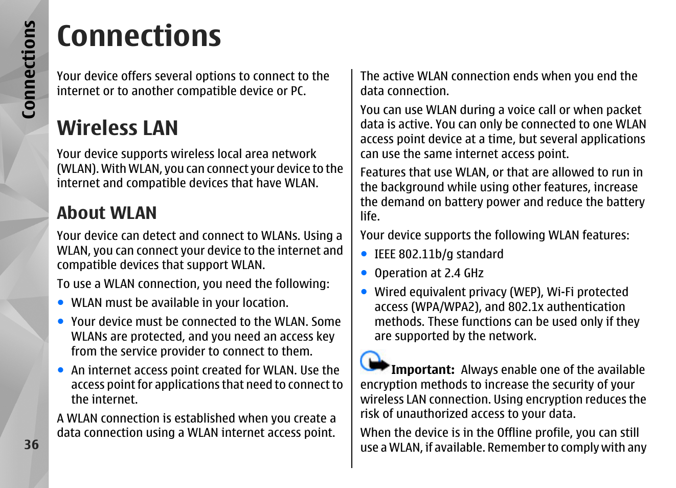 Connections, Wireless lan, About wlan | See "wireless, Lan," p. 36, Background, See "wireless lan," p. 36, About wlan," p. 36, Con nectio ns | Nokia N85 User Manual | Page 36 / 385