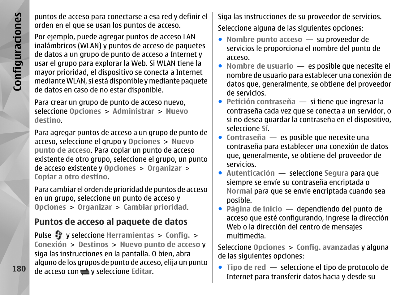 Puntos de acceso al paquete de datos, Configuraciones | Nokia N85 User Manual | Page 360 / 385