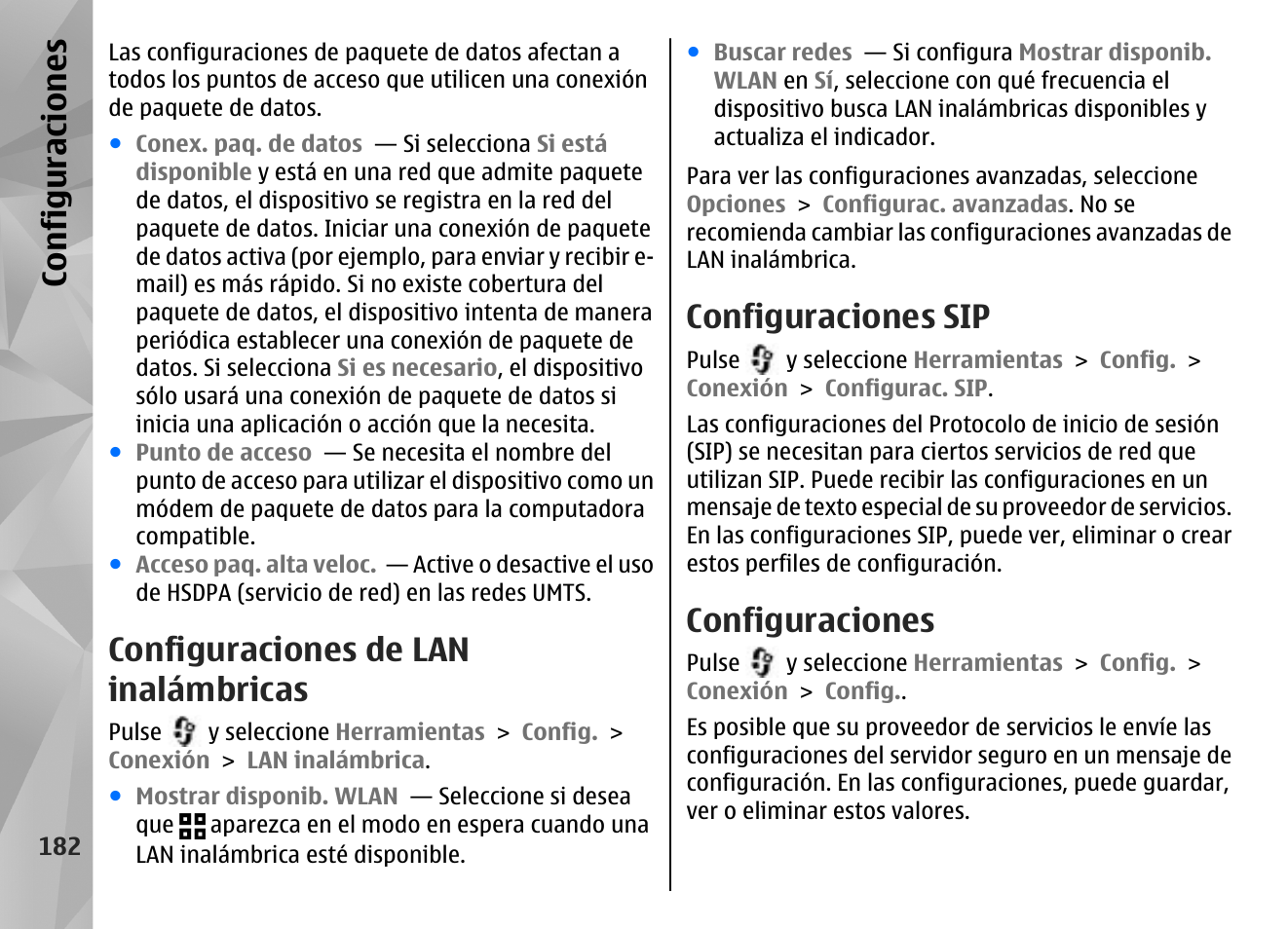Configuraciones de lan inalámbricas, Configuraciones sip, Configuraciones | Nokia N85 User Manual | Page 362 / 385