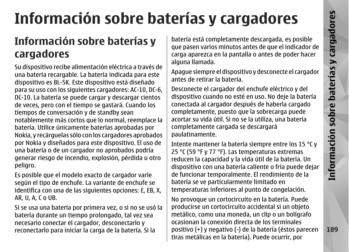 Información sobre baterías y cargadores, Informa ció n sobre ba tería s y ca rgadores | Nokia N85 User Manual | Page 369 / 385