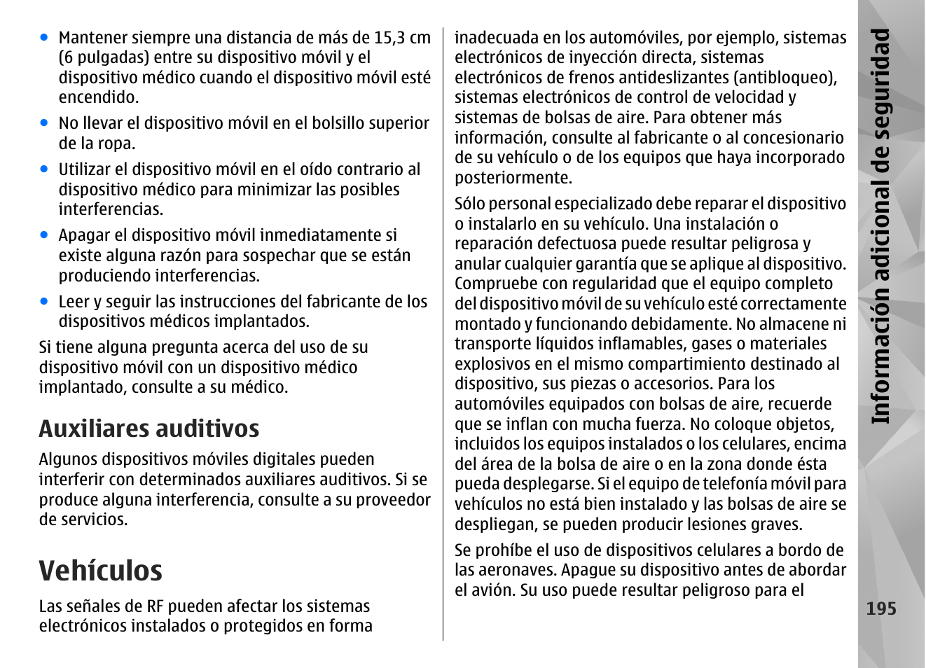 Auxiliares auditivos, Vehículos, Info rm ación a dic ion al de se gu ridad | Nokia N85 User Manual | Page 375 / 385