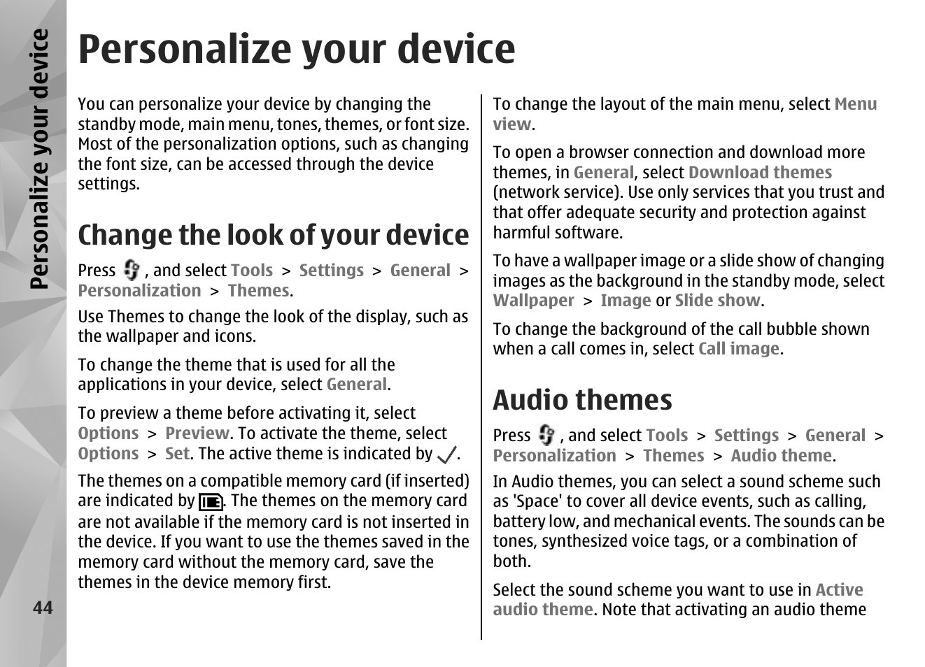 Personalize your device, Change the look of your device, Audio themes | Nokia N85 User Manual | Page 44 / 385