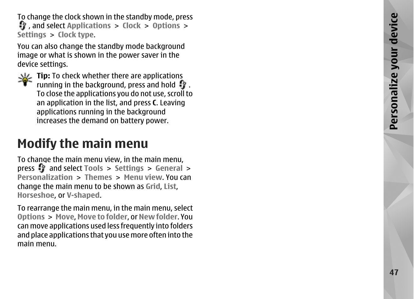 Modify the main menu, Personalize your device | Nokia N85 User Manual | Page 47 / 385