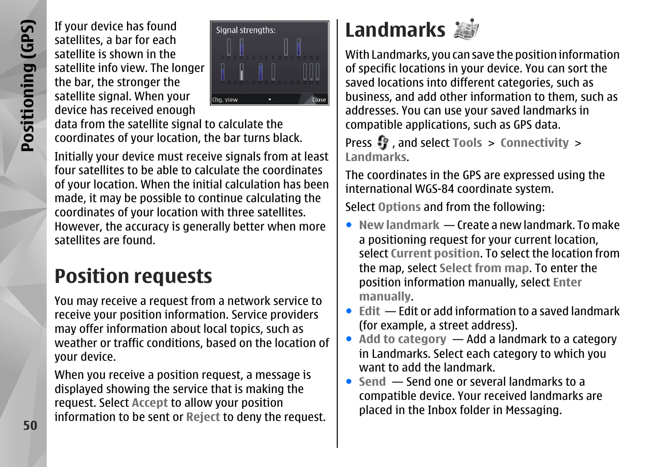 Position requests, Landmarks, Positioning (gps) | Nokia N85 User Manual | Page 50 / 385