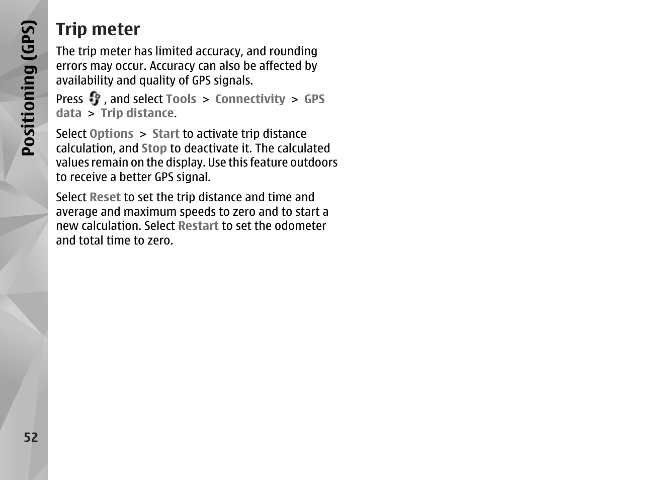 Trip meter, Positioning (gps) | Nokia N85 User Manual | Page 52 / 385