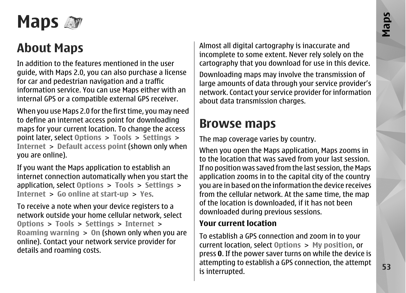 Maps, About maps, Browse maps | See "maps," p. 53 | Nokia N85 User Manual | Page 53 / 385