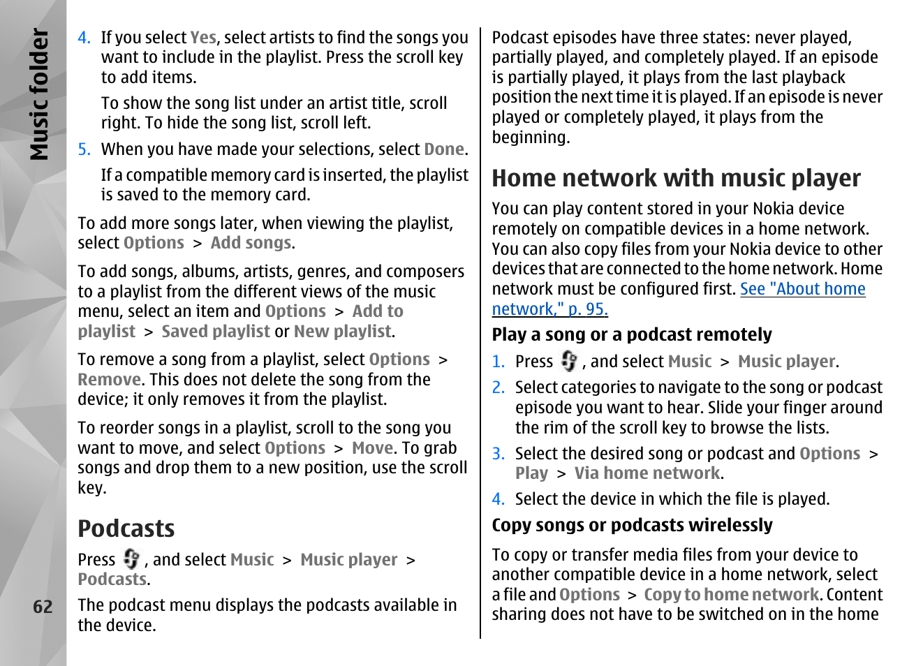 Podcasts, Home network with music player, Music fol der | Nokia N85 User Manual | Page 62 / 385