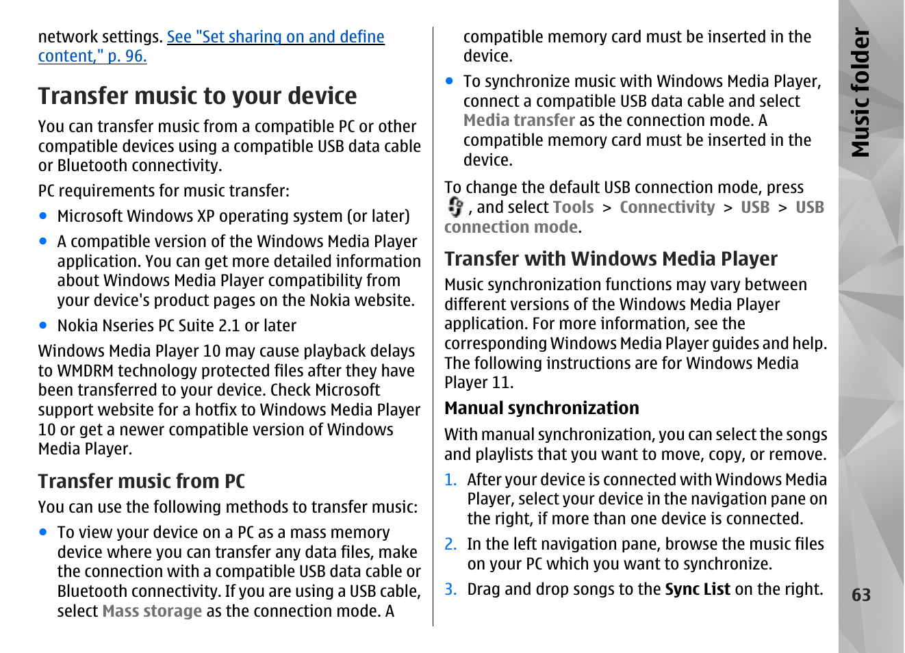 Transfer music to your device, Transfer music from pc, Transfer with windows media player | Music fol der | Nokia N85 User Manual | Page 63 / 385