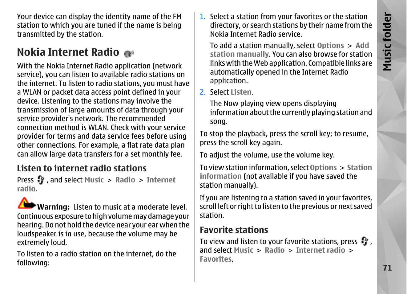 Nokia internet radio, Listen to internet radio stations, Favorite stations | Music fol der | Nokia N85 User Manual | Page 71 / 385