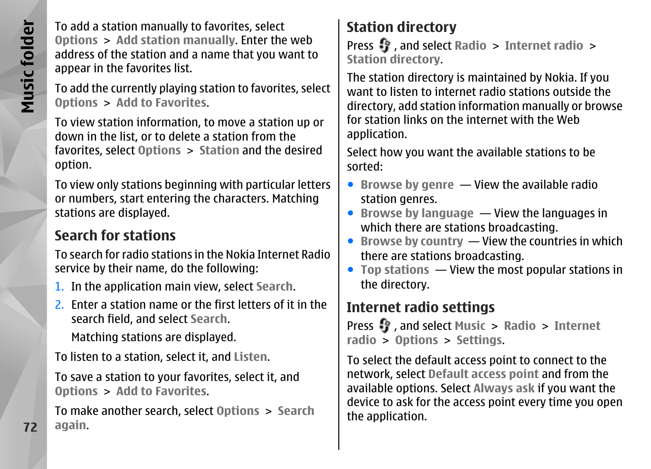 Search for stations, Station directory, Internet radio settings | Music fol der | Nokia N85 User Manual | Page 72 / 385