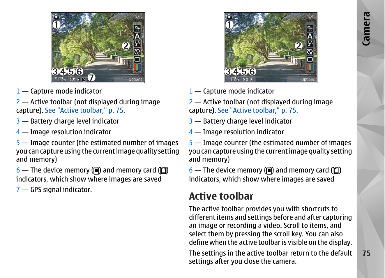 Active toolbar, Ca mera | Nokia N85 User Manual | Page 75 / 385