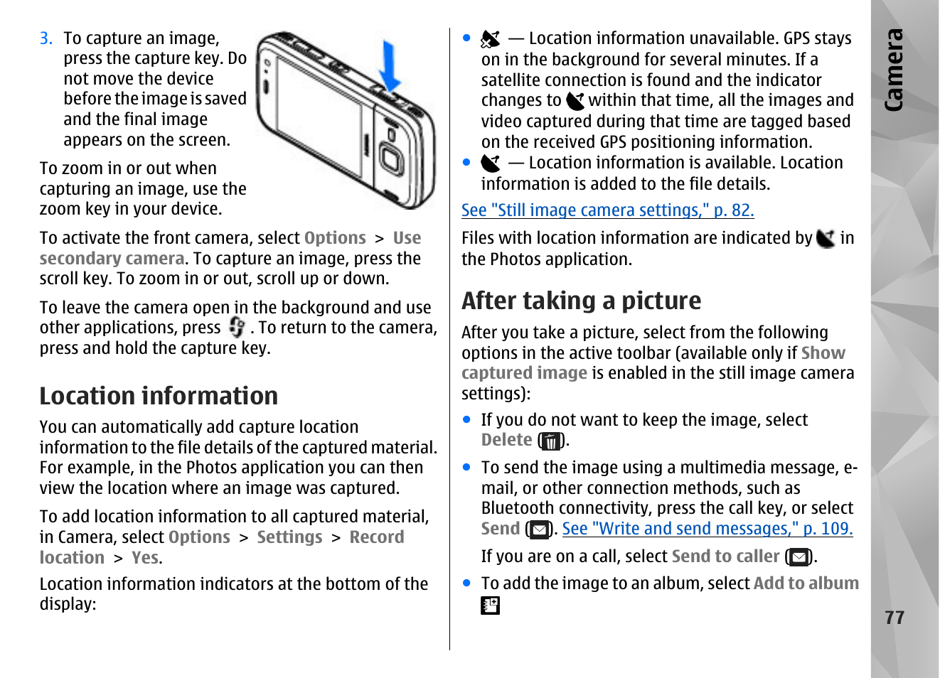 Location information, After taking a picture, See "after taking a picture," p. 77 | Ca mera | Nokia N85 User Manual | Page 77 / 385