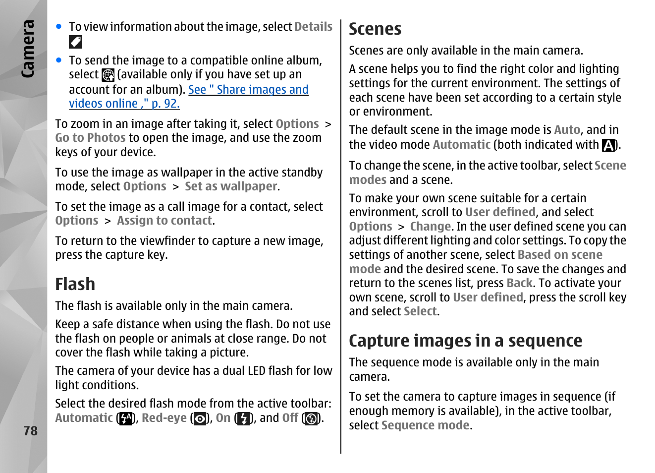 Flash, Scenes, Capture images in a sequence | Capture images in a sequence," p. 78, Ca mera | Nokia N85 User Manual | Page 78 / 385