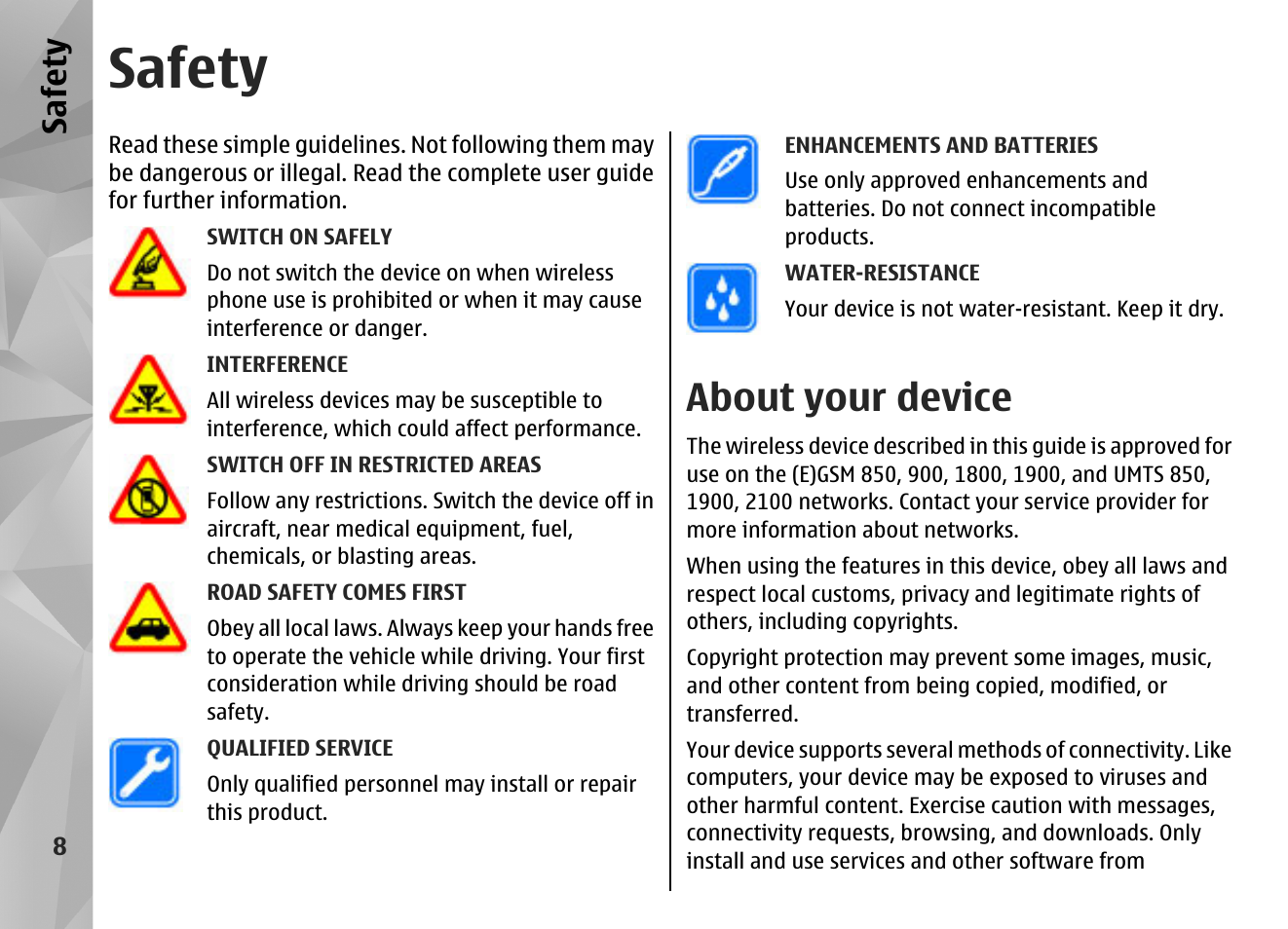 Safety, About your device, Safet y | Nokia N85 User Manual | Page 8 / 385