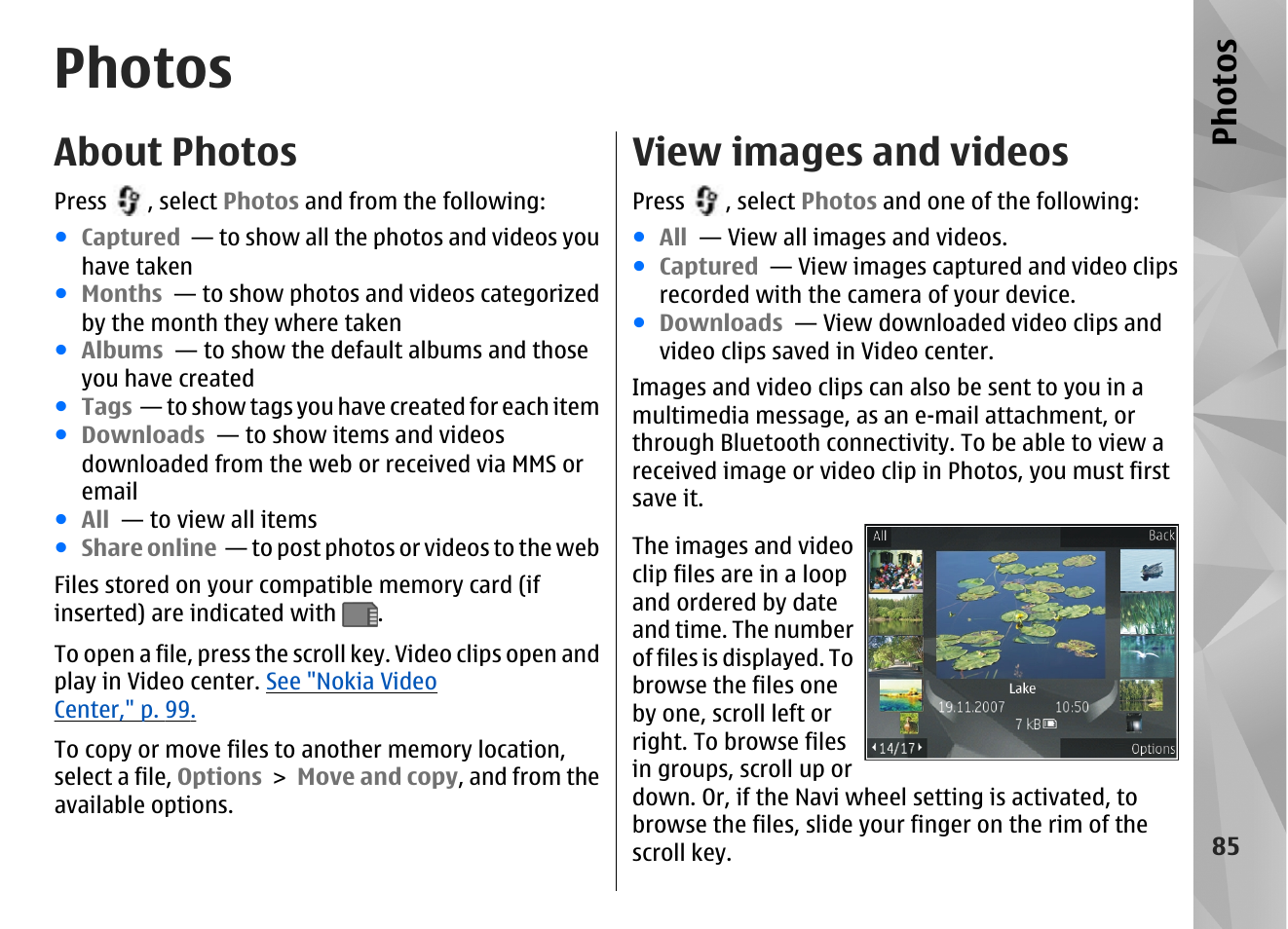 Photos, About photos, View images and videos | Ph ot os | Nokia N85 User Manual | Page 85 / 385