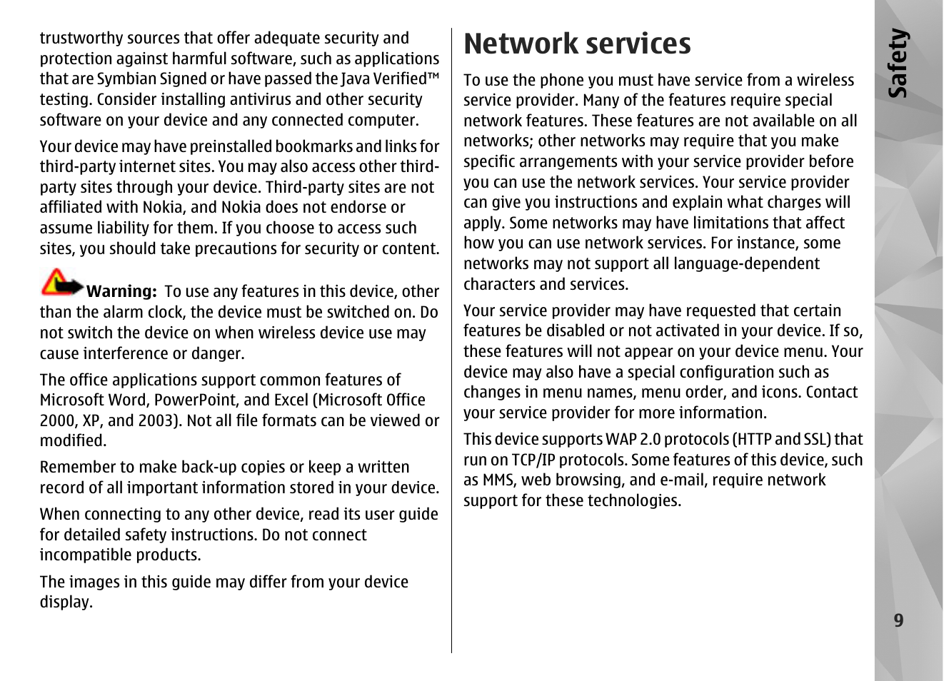 Network services, Safet y | Nokia N85 User Manual | Page 9 / 385