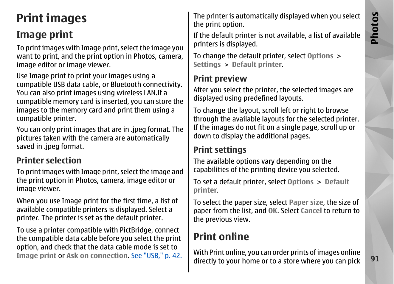 Print images, Image print, Printer selection | Print preview, Print settings, Print online, See "image, Print," p. 91, Ph ot os | Nokia N85 User Manual | Page 91 / 385