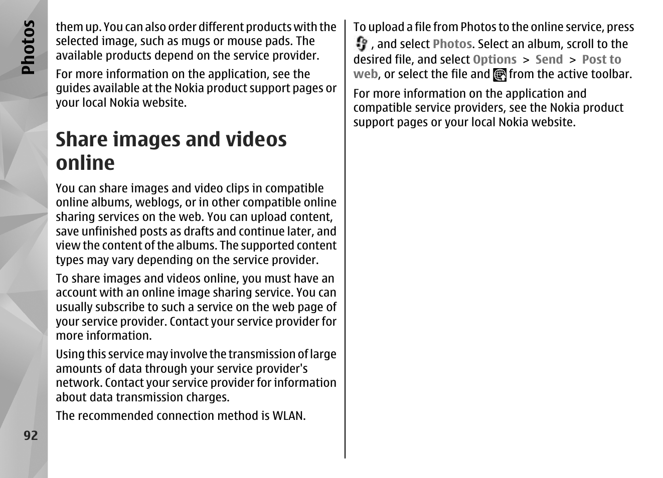 Share images and videos online, Share images and videos online ," p. 92, Ph ot os | Nokia N85 User Manual | Page 92 / 385