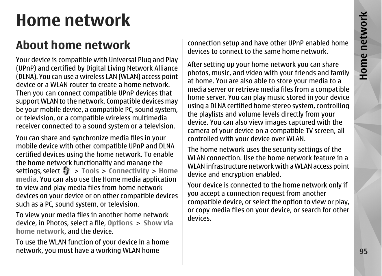 Home network, About home network | Nokia N85 User Manual | Page 95 / 385